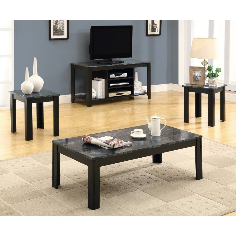 Monarch Specialties 3-Piece Table Set, Marble Top, Rectangle, Black/Dark Gray