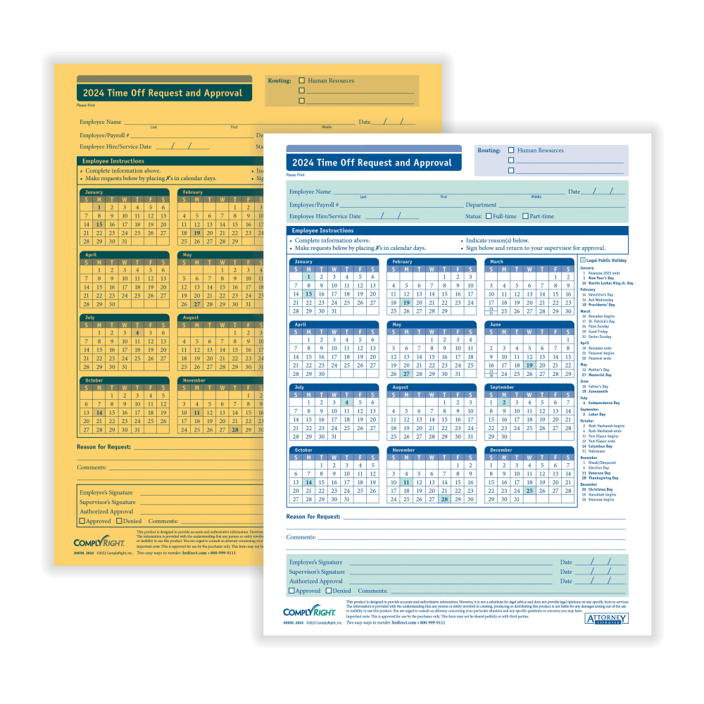 ComplyRight 2024 Time Off Request And Approval Forms, 2-Part, 8 1/2in x 11in, White, Pack Of 50