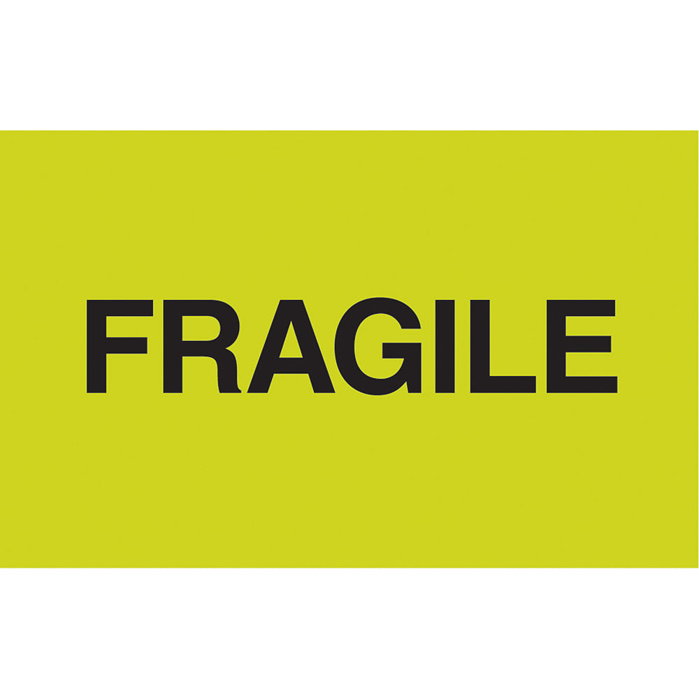Tape Logic Preprinted Shipping Labels, DL2421, "Fragile", 3in x 5in, Fluorescent Green, 500 Per Roll