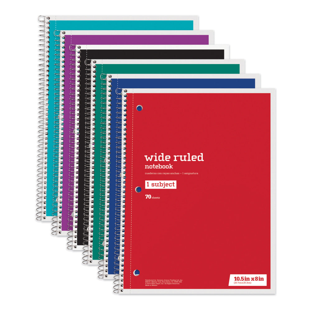 Just Basics Wirebound Notebook, 8in x 10 1/2in, 1 Subject, Wide Ruled, 70 Sheets, Assorted Colors, Pack Of 6