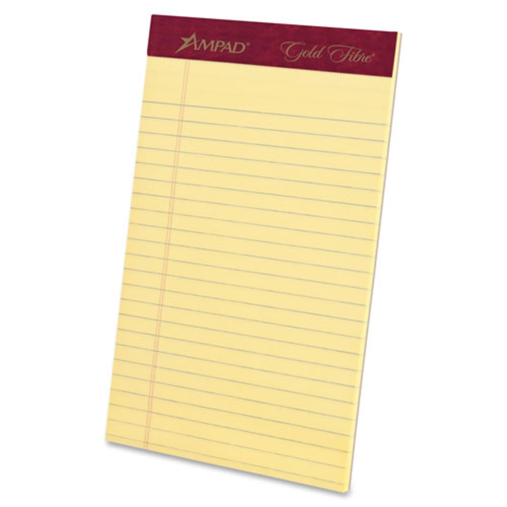 Ampad Gold Fibre Premium Jr. Legal Writing Pads - 50 Sheets - Watermark - Stapled/Glued - 0.28in Ruled - Ruled Margin - 16 lb Basis Weight - 5in x 8in - Canary Paper - Chipboard Backing, Bleed-free, Micro Perforated - 1 Dozen