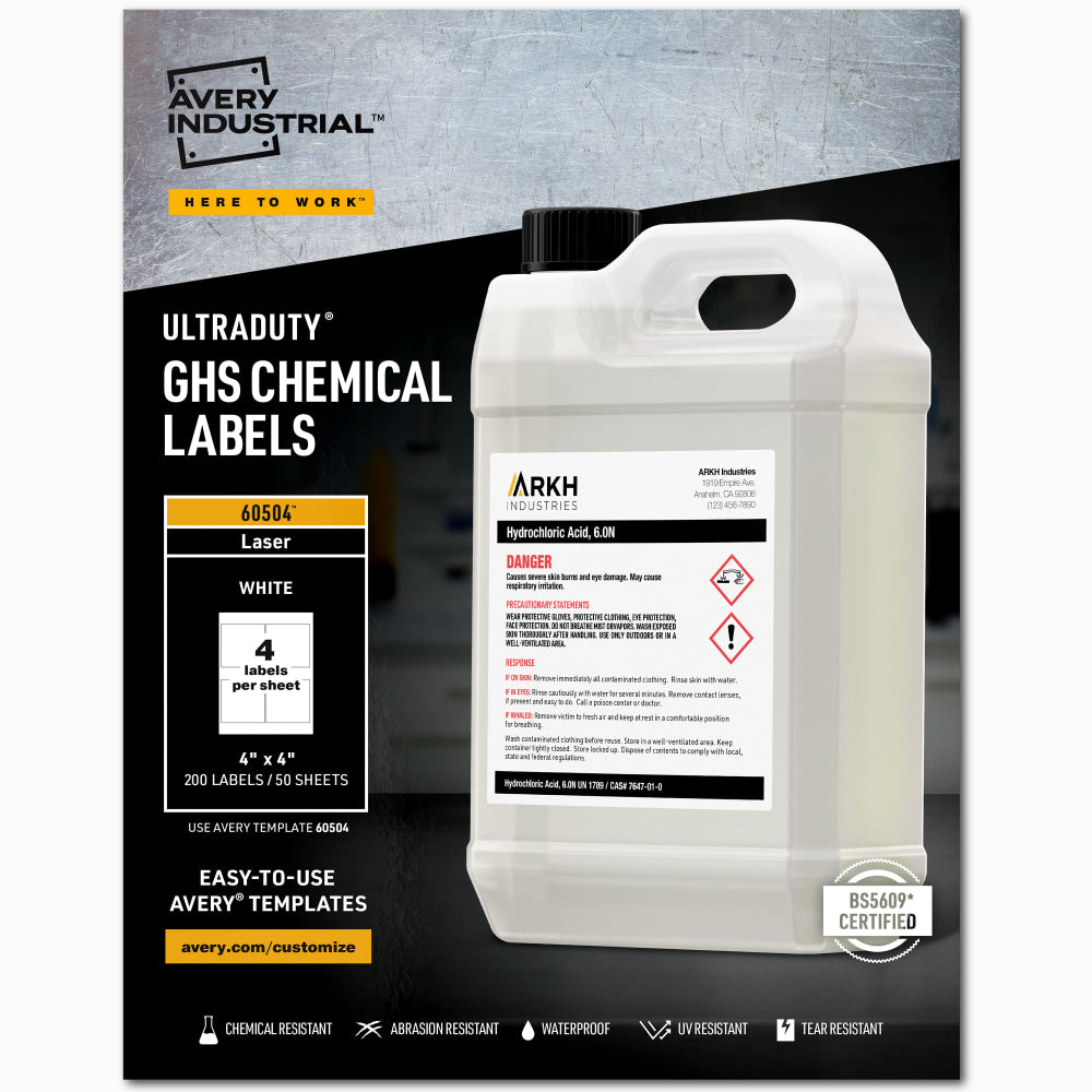Avery UltraDuty GHS Chemical Labels For Laser Printers, Waterproof, UV Resistant, 60504, Square, 4in x 4in, White, Pack Of 200