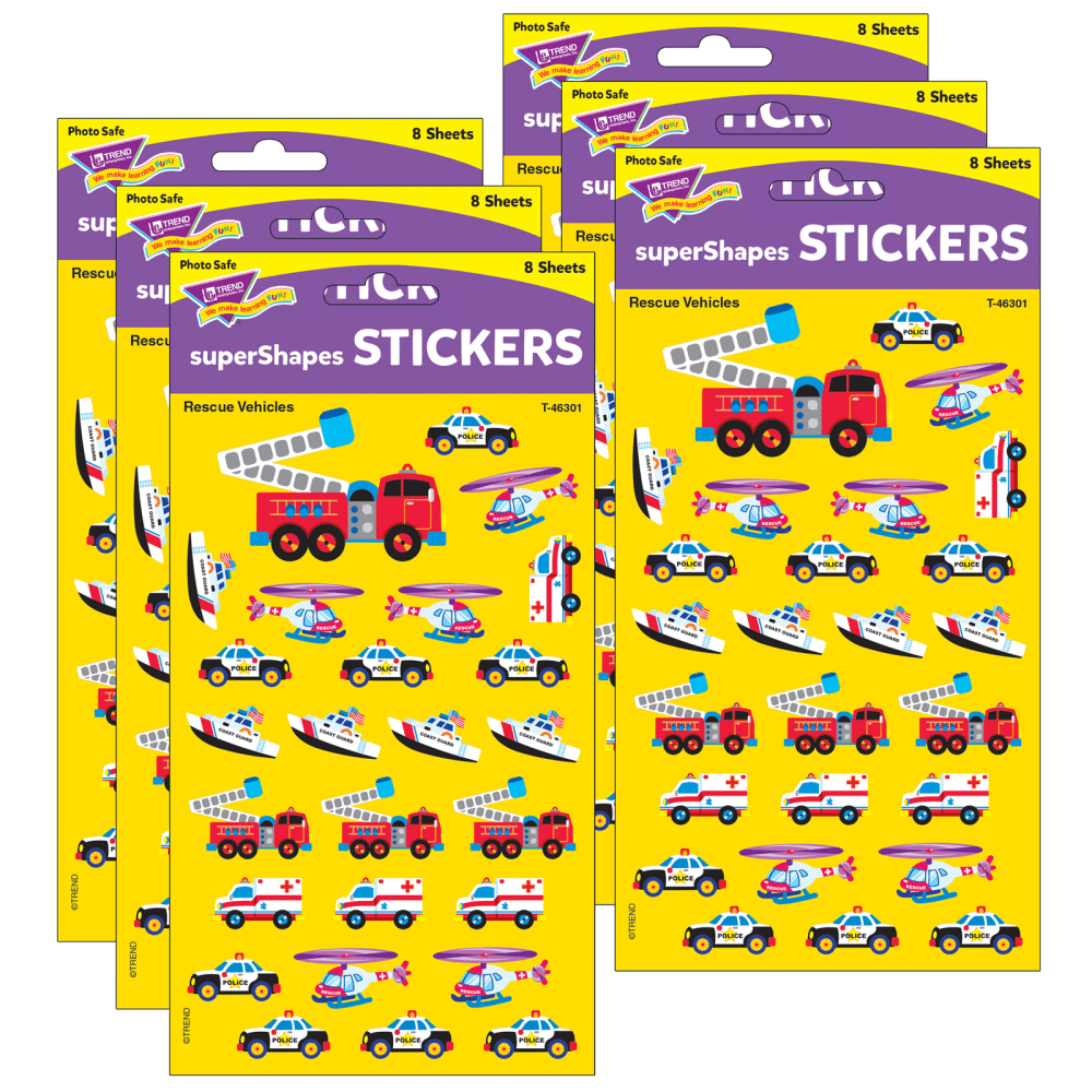 Trend superShapes Stickers, Rescue Vehicles, 208 Stickers Per Pack, Set Of 6 Packs