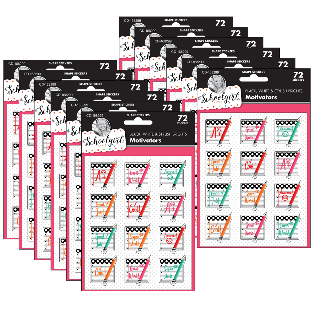 Carson Dellosa Education Motivational Stickers, Black, White & Stylish Brights Motivators, 72 Stickers Per Pack, Set Of 12 Packs