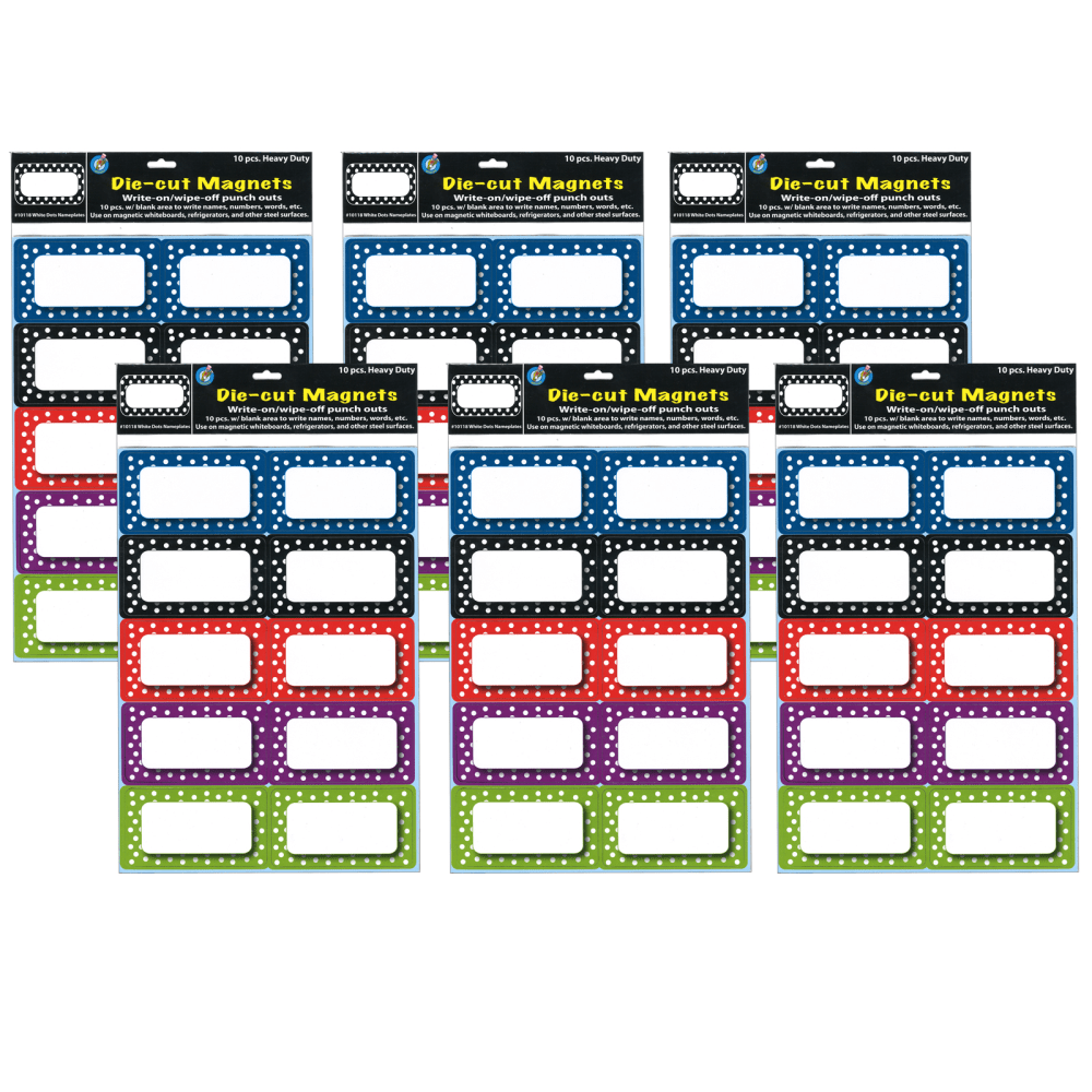 Ashley Productions Die-Cut Magnetic Nameplates, 11in x 8-1/2in, Colorful Dots, 10 Nameplates Per Pack, Set Of 6 Packs