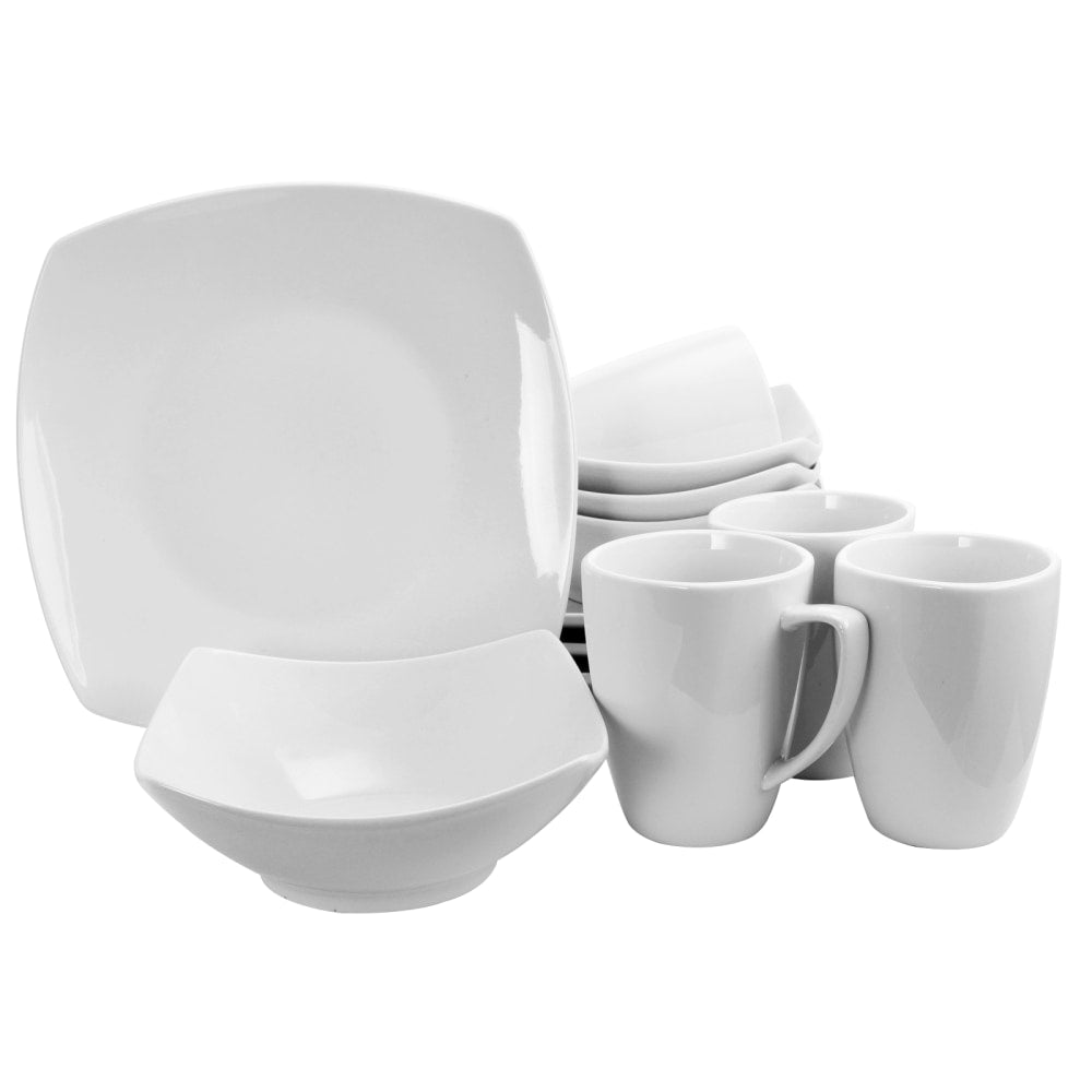 Gibson Home Zen Buffetware 12-Piece Square Dinnerware Set (Four 10-3/4in Dinner Plates, Four 8in Bowls, Four 12 Oz Mugs), White