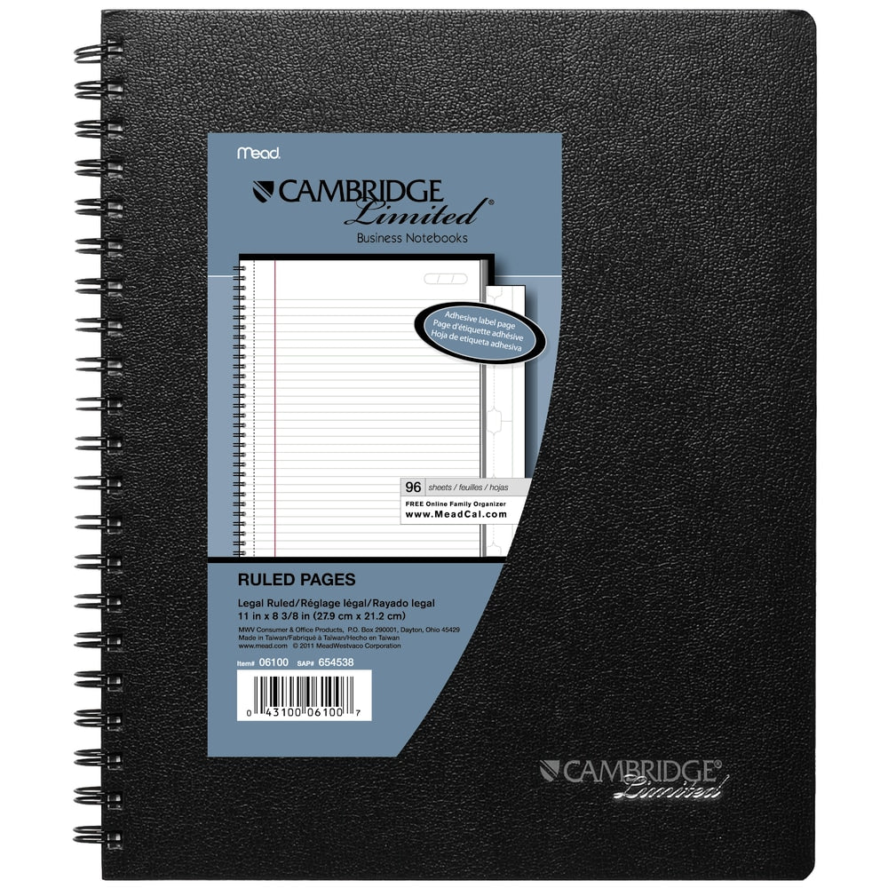 Cambridge Limited Business Notebook, 8 1/2in x 11in, 1 Subject, Legal Ruled, 96 Sheets, Black (06100)