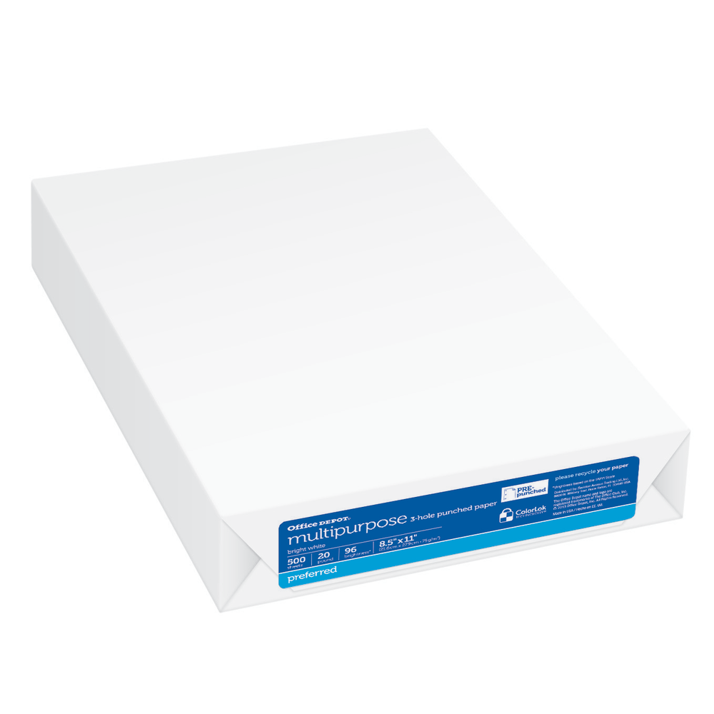 Office Depot 3-Hole Punched Multi-Use Printer & Copy Paper, White, Letter (8.5in x 11in), 500 Sheets Per Ream, 20 Lb, 96 Brightness
