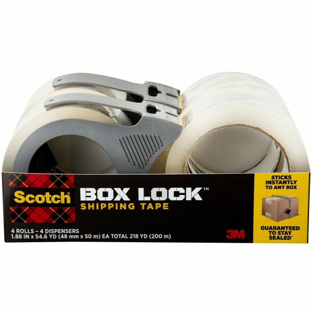 Scotch Box Lock Packaging Tape with Dispenser, 1.88in x 165ft, Clear, Pack Of 4 Rolls