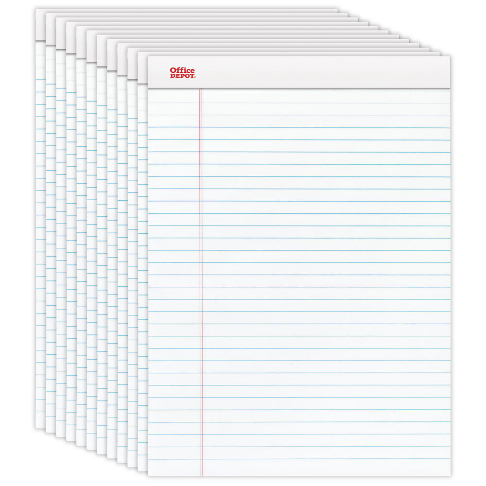Office Depot Brand Writing Pads, 8-1/2in x 11-3/4in, Legal/Wide Ruled, 50 Sheets, White, Pack Of 12 Pads