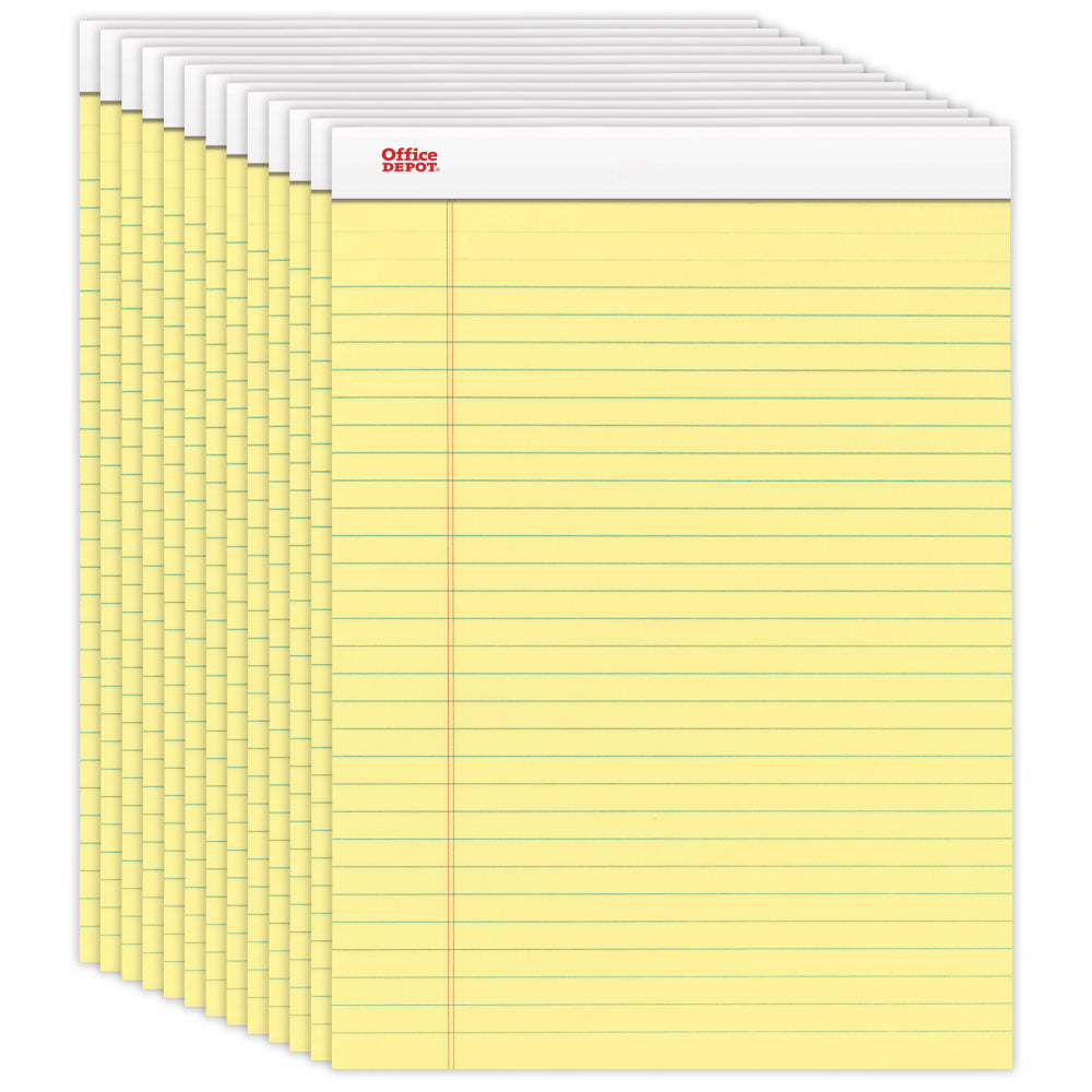 Office Depot Brand Writing Pads, 8 1/2in x 11 3/4in, Legal/Wide Ruled, 50 Sheets, Canary, Pack Of 12 Pads
