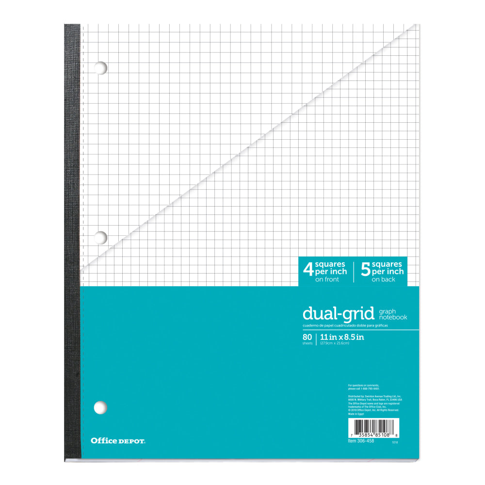 Office Depot Brand Wireless Notebook, 8 1/2in x 11in, 1 Subject, Dual-Sized Quadrille Ruled (4in x 4in, 5in x 5in), 80 Sheets, Teal