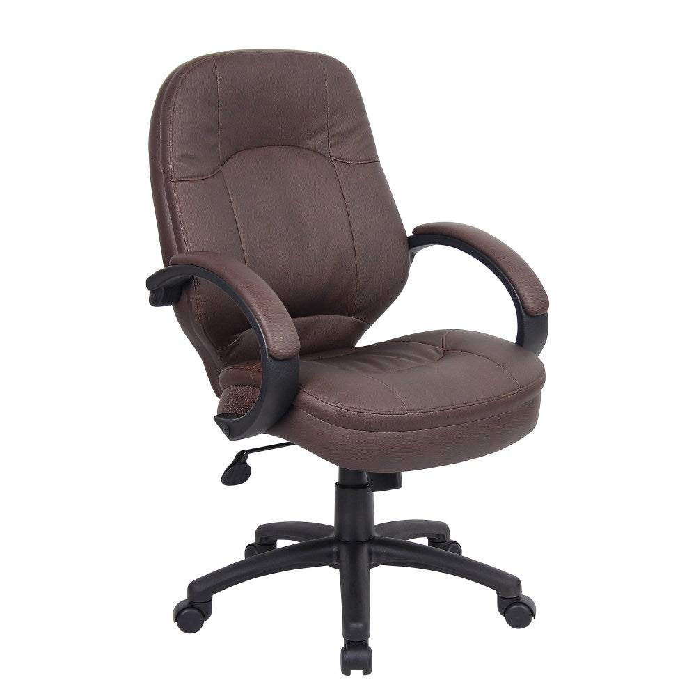 Boss Office Products LeatherPlus Bonded Leather Mid-Back Chair, Bomber Brown/Black