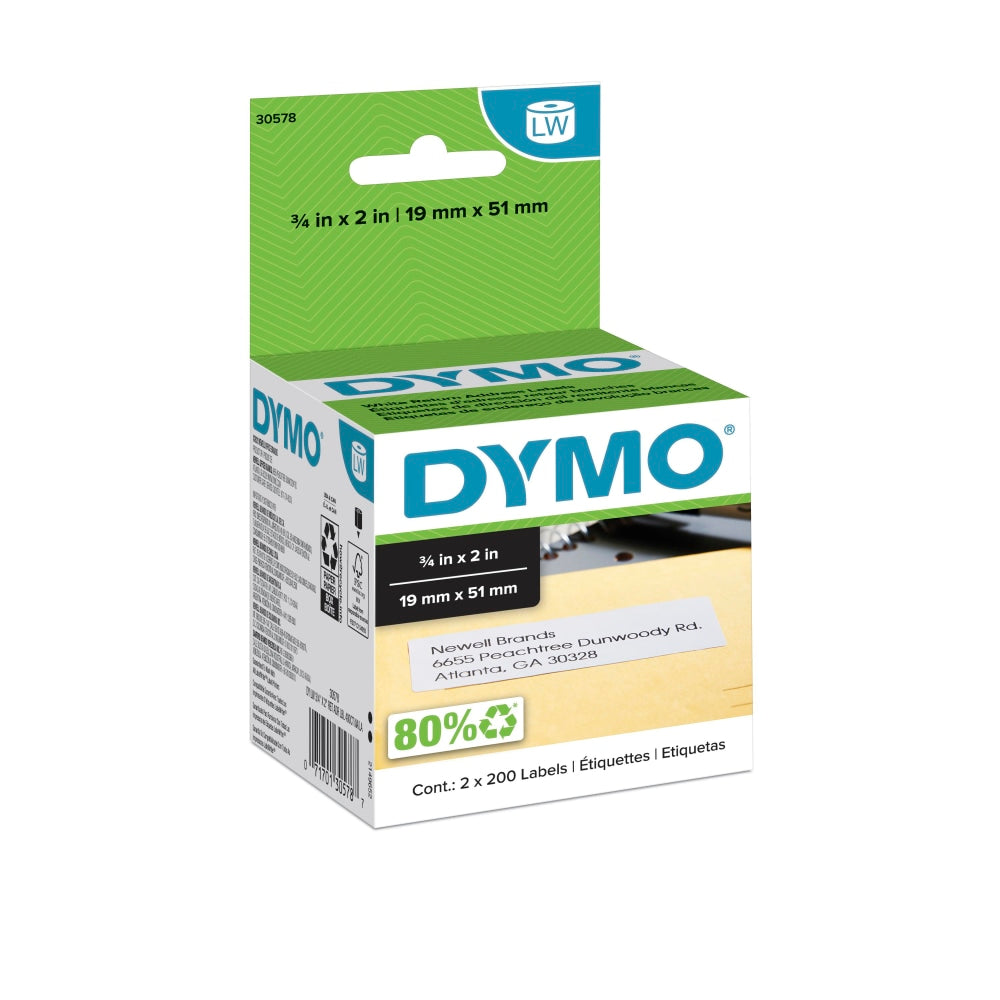 DYMO LabelWriter Labels, Return Address, 30578, 3/4in x 2in, Box of 400