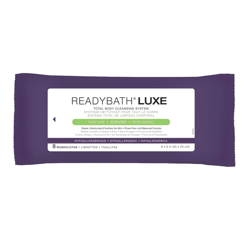ReadyBath LUXE Total Body Cleansing Heavyweight Washcloths, Scented, 8in x 8in, White, 8 Washcloths Per Pack, Case Of 24 Packs