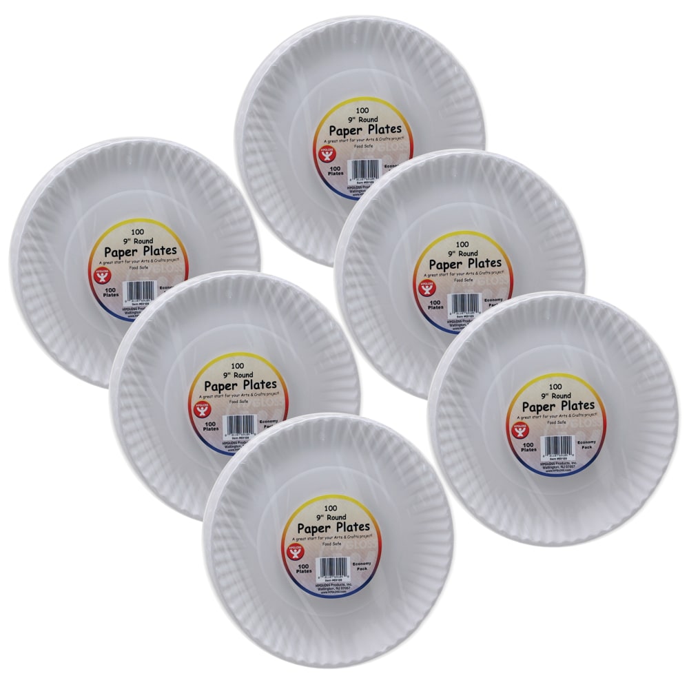 Hygloss Paper Plates, 9in, White, 100 Plates Per Pack, Set Of 6 Packs