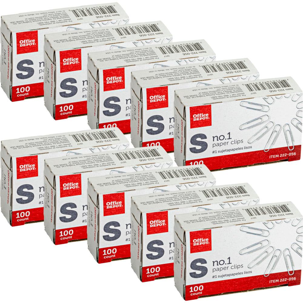 Office Depot Brand Paper Clips, No. 1, Small, Silver, Pack Of 10 Boxes, 100 Per Box, 1,000 Total