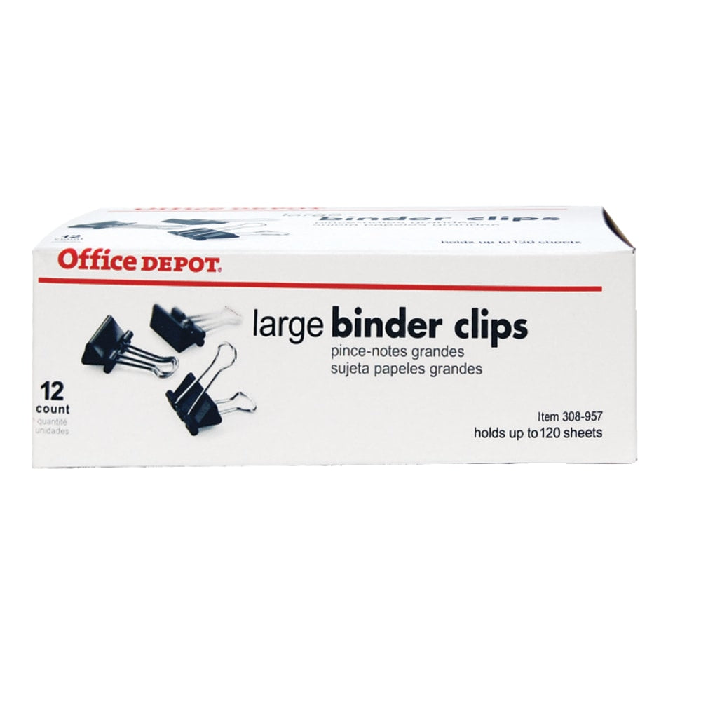 Office Depot Brand Binder Clips, Large, 2in Wide, 1in Capacity, Black, Box Of 12