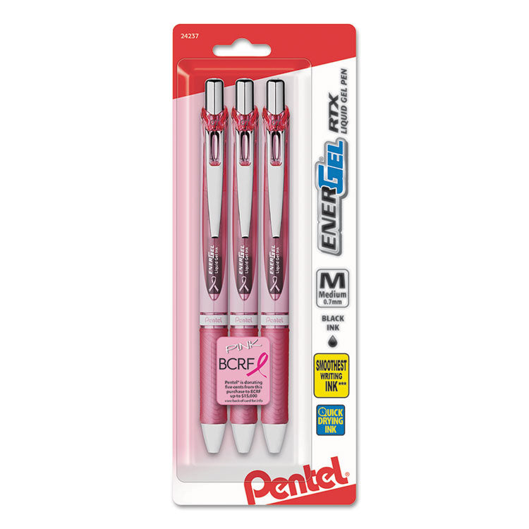 EnerGel RTX Breast Cancer Awareness Gel Pen, Retractable, Medium 0.7 mm, Black Ink, Pink/Silver Barrel, 3/Pack
