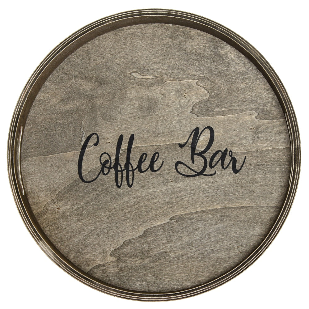 Elegant Designs Decorative Round Serving Tray, 1-11/16inH x 13-3/4inW x 13-3/4inD, Rustic Gray Wash Coffee Bar