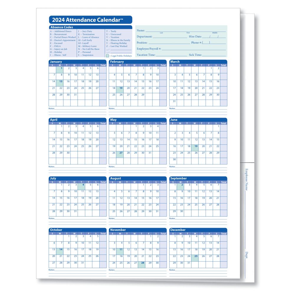 ComplyRight 2024 Attendance Calendar Folders, 9 3/8in x 11 3/4in, White, Pack Of 25