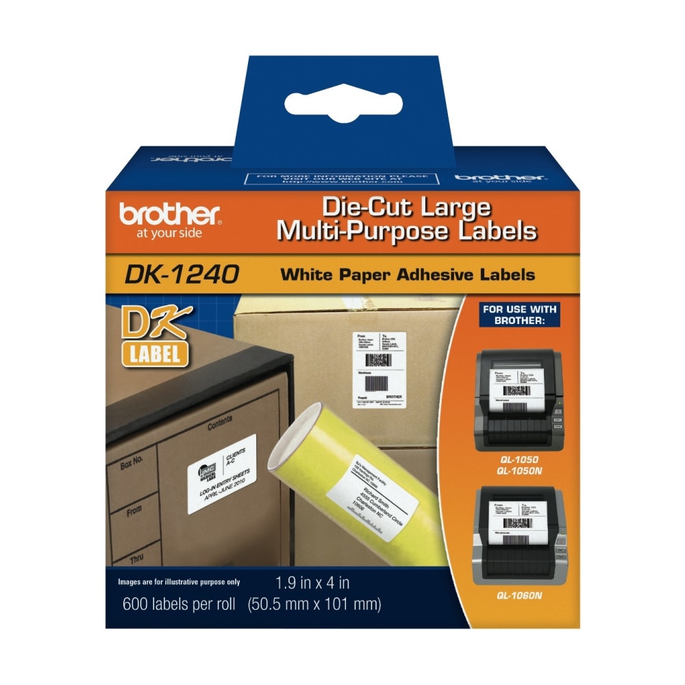 Brother DK1240 Paper Labels, 4in x 2in, White, Pack Of 600