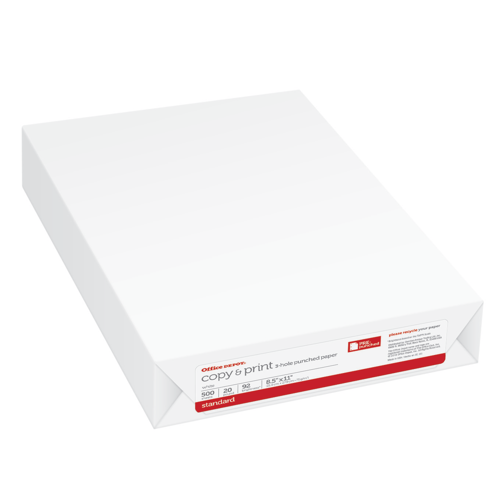 Office Depot 3-Hole Punched Multi-Use Printer & Copy Paper, White, Letter (8.5in x 11in), 500 Sheets Per Ream, 20 Lb, 92 Brightness
