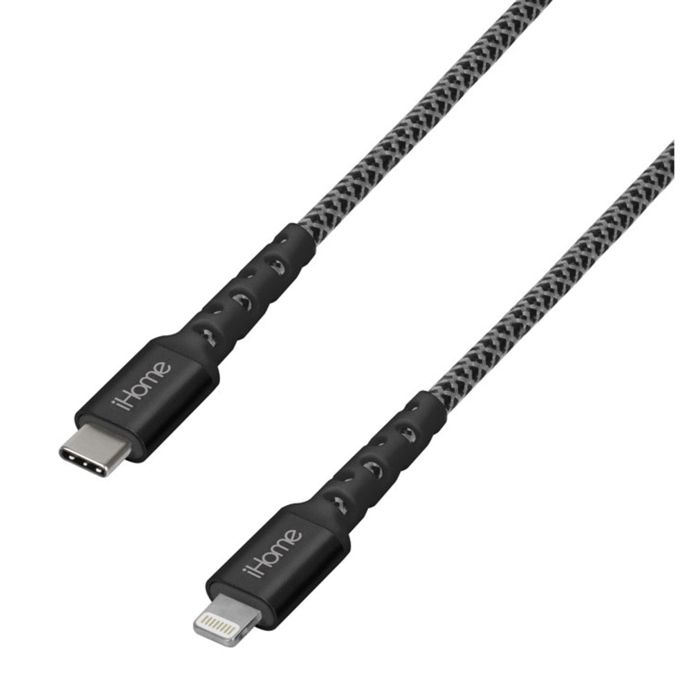 iHome 6ft Durastrain Lightning to USB-C Nylon Charge And Sync Cable With Cable Wrap, Black, 2IHLC1023B6L2