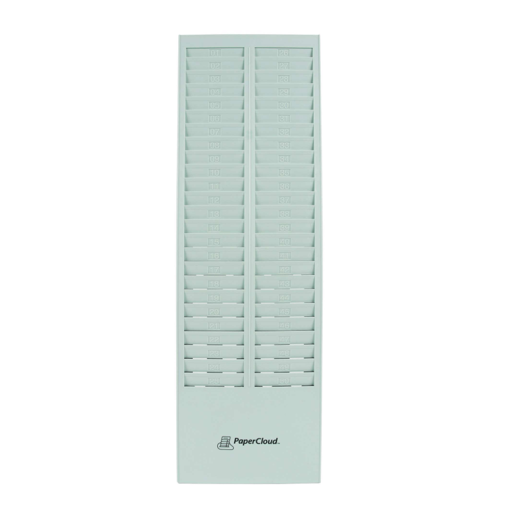 PaperCloud Time Card Rack, 50 Pockets, 27inH x 8.25inW x 1.4inD, Gray, PCTCR50