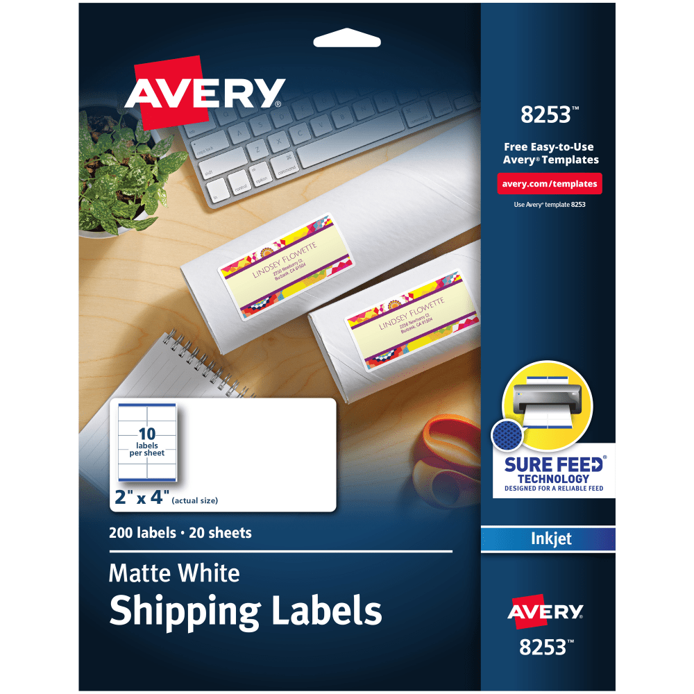 Avery Shipping Labels With Sure Feed Technology, 8253, Rectangle, 2in x 4in, White, Pack Of 200 Labels