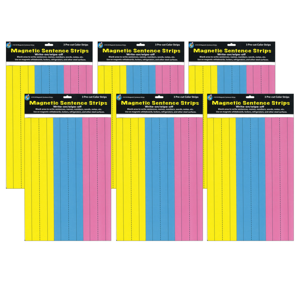 Ashley Productions Die-Cut Magnetic Sentence Strips, 2-3/4in x 11in, Pink/Blue/Yellow, 3 Strips Per Pack, Set Of 6 Packs