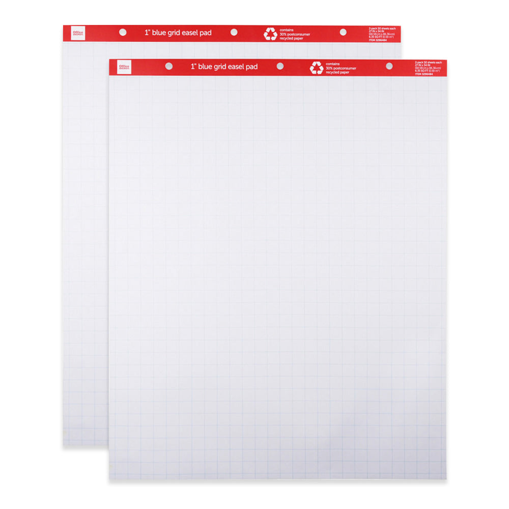 Office Depot Brand Easel Pads, 27in x 34in, 1in Blue Grid, 50 Sheets, 30% Recycled, Pack Of 2