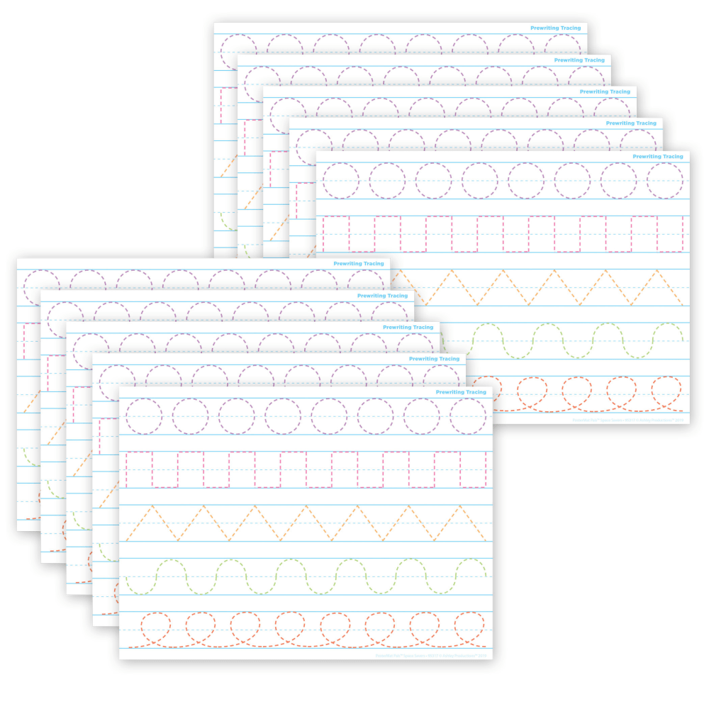 Ashley Productions Smart Poly PosterMat Pals Space Savers, 13in x 9-1/2in, Prewriting Tracing, Pack Of 10 Pieces