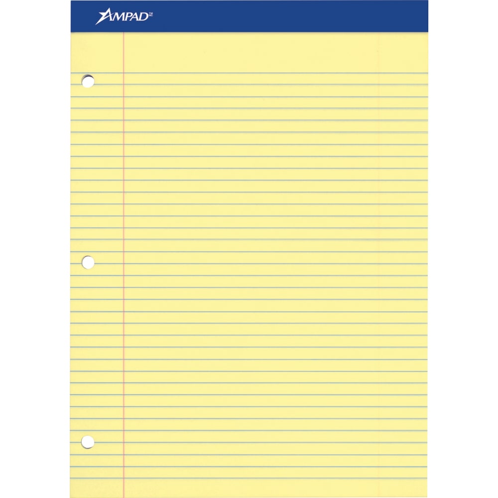 Ampad Perforated 3-Hole Punched Ruled Double Sheet Pad, Medium/College Rule, 100 Sheets, 8 1/2in x 11in, Canary Yellow
