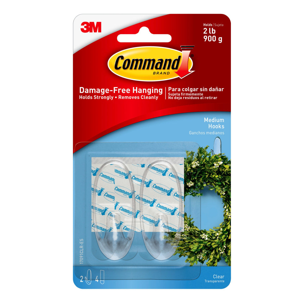 Command Medium Plastic Hooks, 2 Command Hooks, 4 Command Strips, Damage Free Hanging of Dorm Room Decorations, Clear