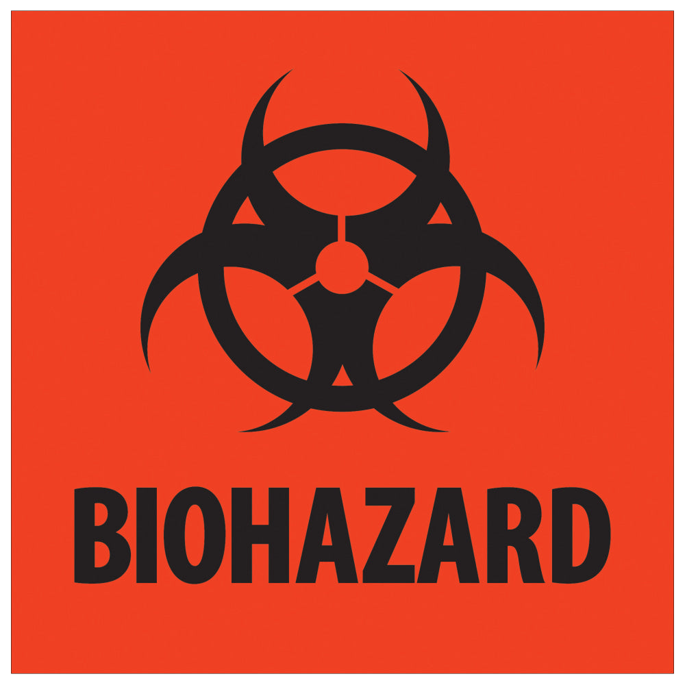 Tape Logic Preprinted Shipping Labels, DL1283, Biohazard, Square, 4in x 4in, Fluorescent Red, Roll Of 500