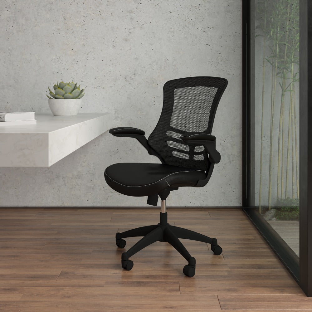 Flash Furniture LeatherSoft Faux Leather Mid-Back Swivel Chair With Flip-Up Arms, Black