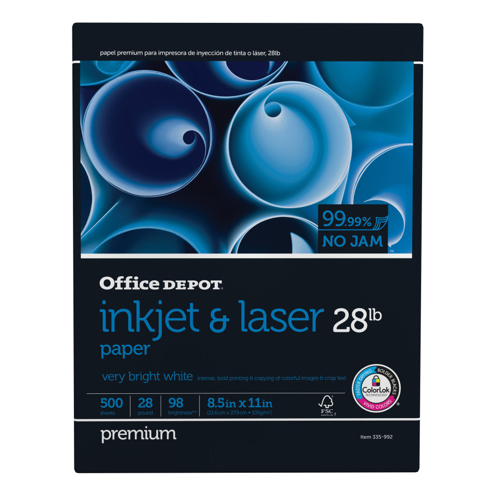 Office Depot Inkjet And Laser Paper, White, Letter Size (8 1/2in x 11in), Ream Of 500 Sheets, 28 Lb, 98 Brightness