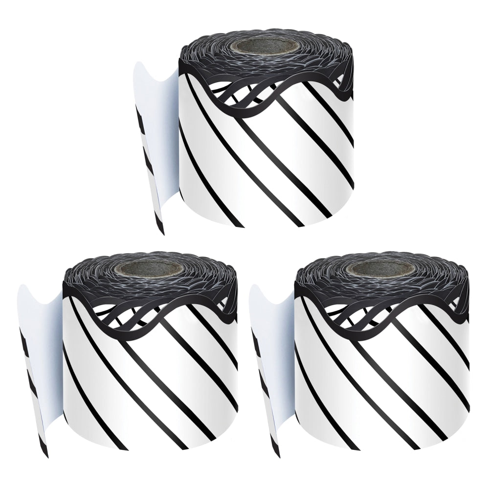Carson Dellosa Education Rolled Scalloped Borders, Kind Vibes Black/White Stripes, 65ft Per Roll, Pack Of 3 Rolls