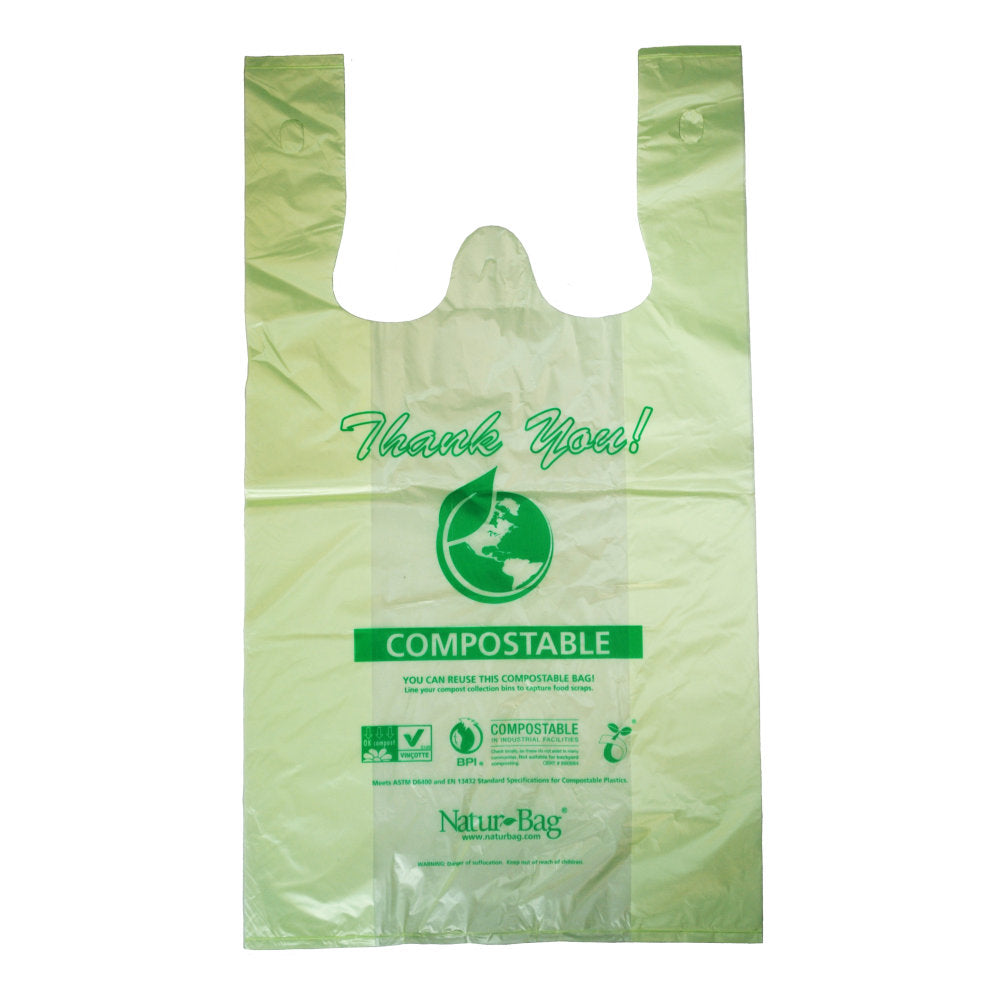 Stalk Market Compostable Large T-Shirt Bags With "Thank You" Graphic, 0.9 mil, 21in x 18-1/2in, Pack Of 500 Bags