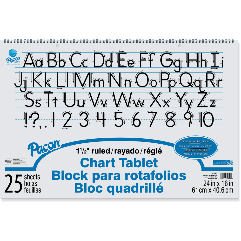 Pacon Chart Tablet, 24in x 16in, 1 1/2in Ruled, 25 Sheets