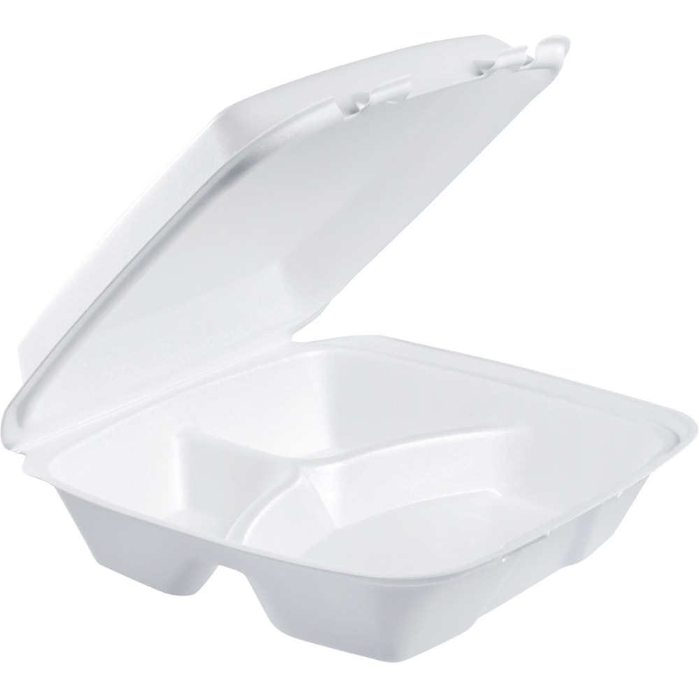 Dart Large Carryout Foam Trays, 3 Compartments, 9in x 9in, White, Pack Of 100