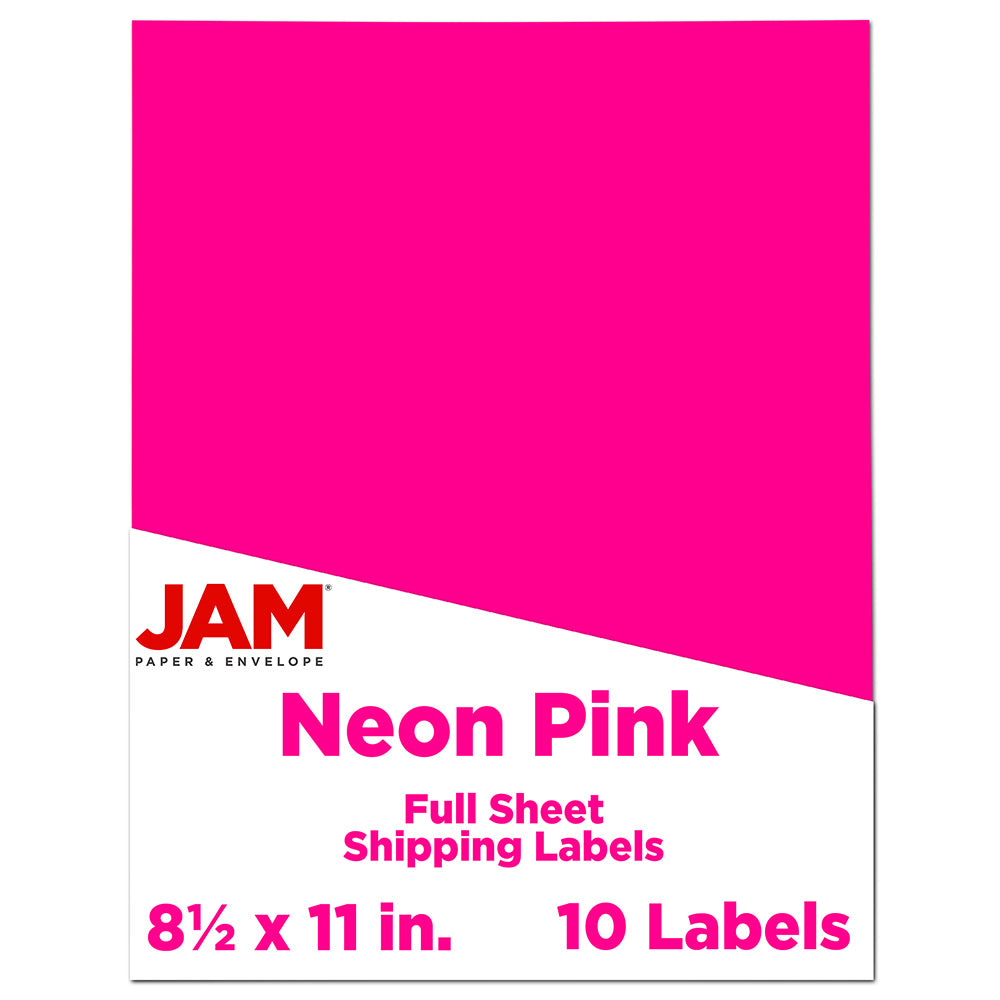 JAM Paper Full-Page Mailing And Shipping Labels, Rectangle, 8 1/2in x 11in, Neon Pink, Pack Of 10