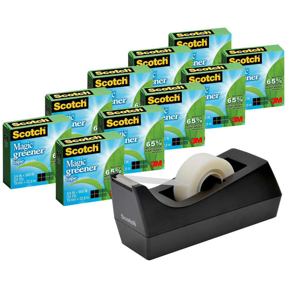 Scotch Greener Magic Tape with Dispenser, Invisible, 3/4 in x 900 in, 10 Tape Rolls, Clear, Home Office and School Supplies