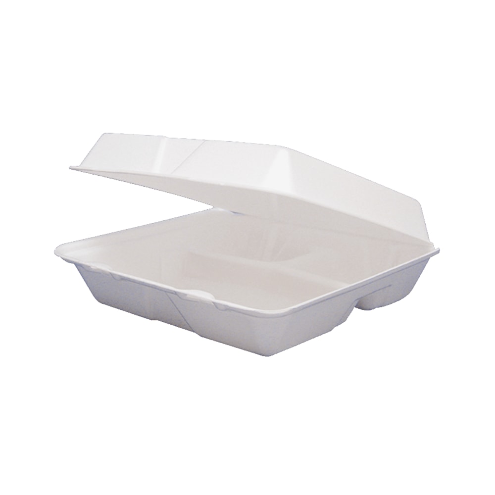 Dart Carryout Food Containers, 3 Compartments, 8 1/2in x 8in x 3 3/8in, White, Pack Of 50