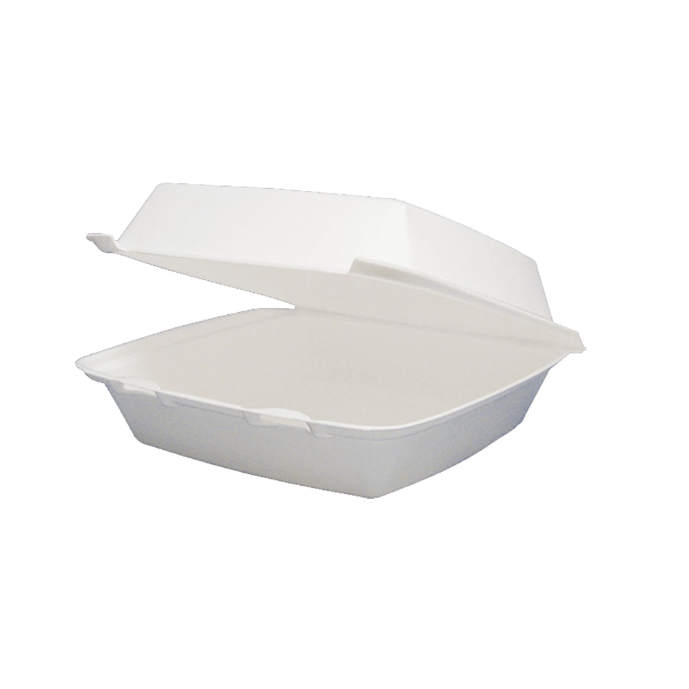 Dart Carryout Food Containers, Foam-Hinged, 1 Compartment, 9 1/2in x 9 1/4in x 3in, White, Pack Of 200