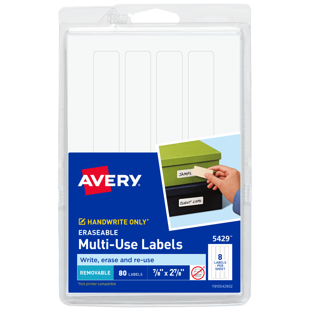 Avery Removable Erasable Multipurpose Labels, 5429, 7/8in x 2 7/8in, White, Pack Of 80