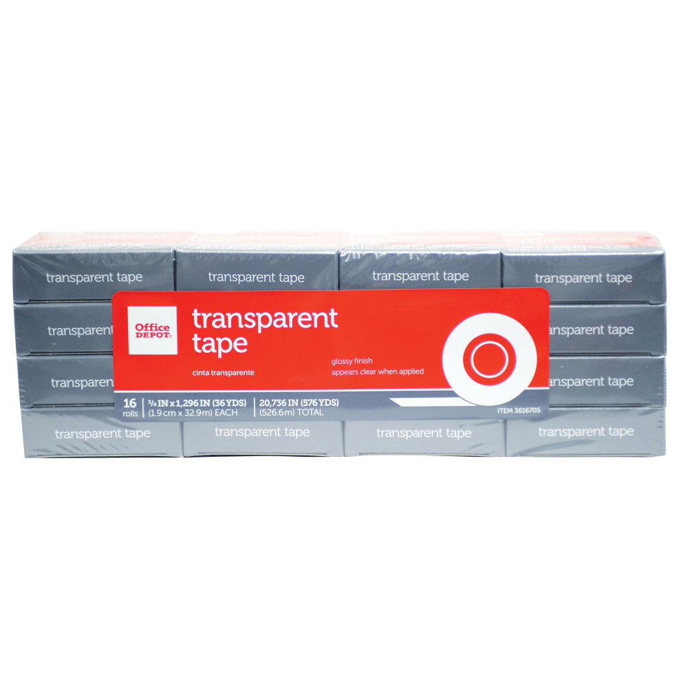 Office Depot Brand Transparent Tape Refills, 3/4in x 1,296, Clear, Pack Of 16