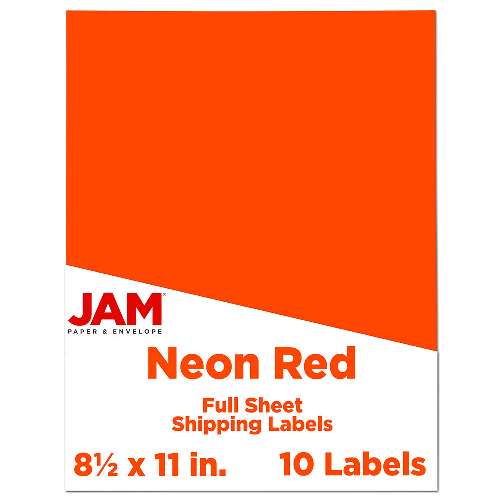 JAM Paper Full-Page Mailing And Shipping Labels, Rectangle, 8 1/2in x 11in, Neon Red, Pack Of 10