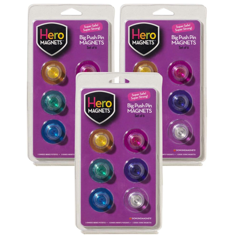 Dowling Magnets Hero Magnets: Big Push Pin Magnets, 13/16in x 1-5/16in, Assorted Colors, 6 Magnets Per Pack, Set Of 3 Packs